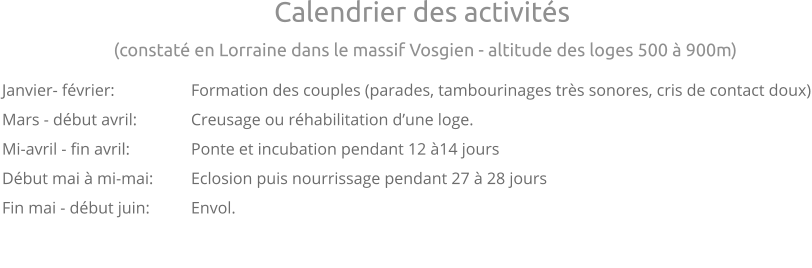Janvier- février: 		Formation des couples (parades, tambourinages très sonores, cris de contact doux) Mars - début avril: 		Creusage ou réhabilitation d’une loge. Mi-avril - fin avril:		Ponte et incubation pendant 12 à14 jours Début mai à mi-mai:	Eclosion puis nourrissage pendant 27 à 28 jours Fin mai - début juin:		Envol.  Calendrier des activités (constaté en Lorraine dans le massif Vosgien - altitude des loges 500 à 900m)  